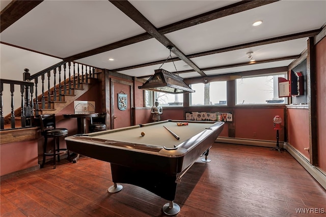 game room with billiards, baseboards, hardwood / wood-style flooring, and a baseboard radiator