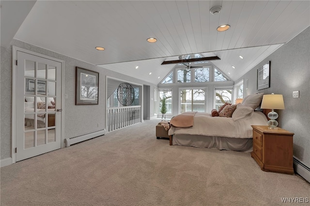 carpeted bedroom featuring a baseboard heating unit, recessed lighting, and lofted ceiling