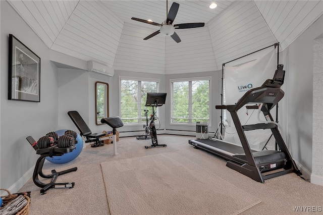 exercise room featuring ceiling fan, baseboards, a wall mounted AC, and carpet floors
