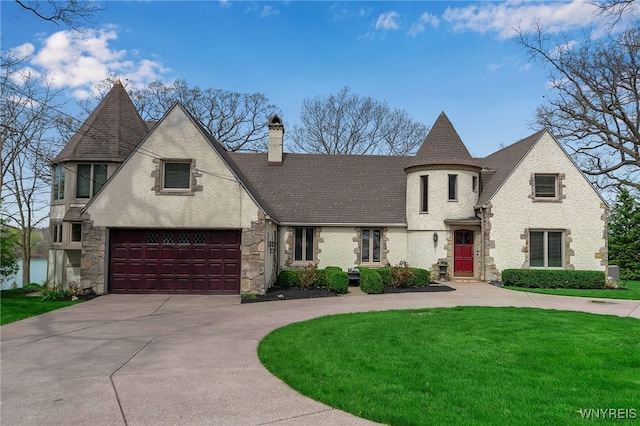 4482 Lower River Rd, Lewiston, NY 14092 - french country home with driveway, a chimney, roof with shingles, a front yard, and stone siding