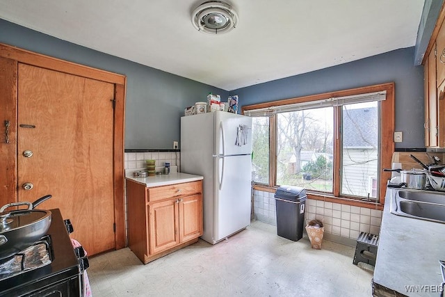 kitchen featuring a sink, plenty of natural light, light countertops, and freestanding refrigerator