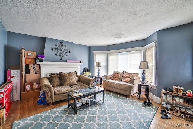 living room featuring baseboards, wood finished floors, and a textured ceiling