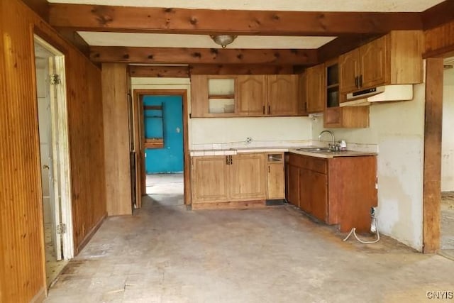 24 Railroad St, Elbridge, NY 13080 - kitchen with a sink, beam ceiling, under cabinet range hood, glass insert cabinets, and light countertops