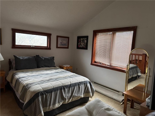 bedroom with carpet and lofted ceiling