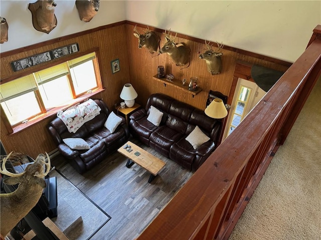 living room with wooden walls