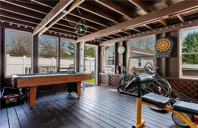 exterior space featuring wood-type flooring and billiards