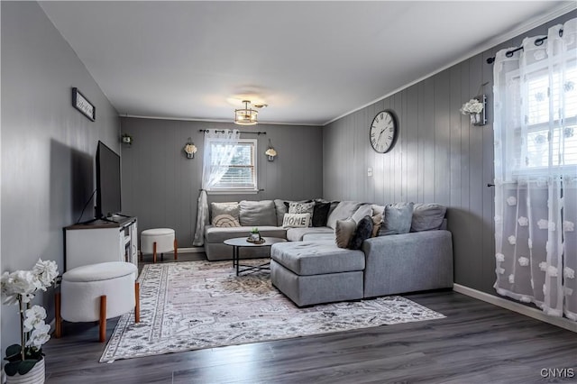 living area featuring baseboards, wood finished floors, and ornamental molding