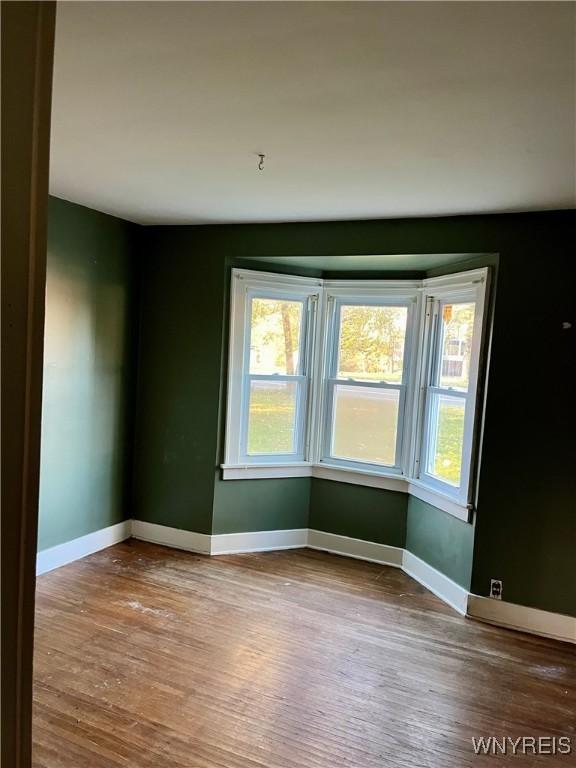empty room featuring baseboards, wood finished floors, and a wealth of natural light