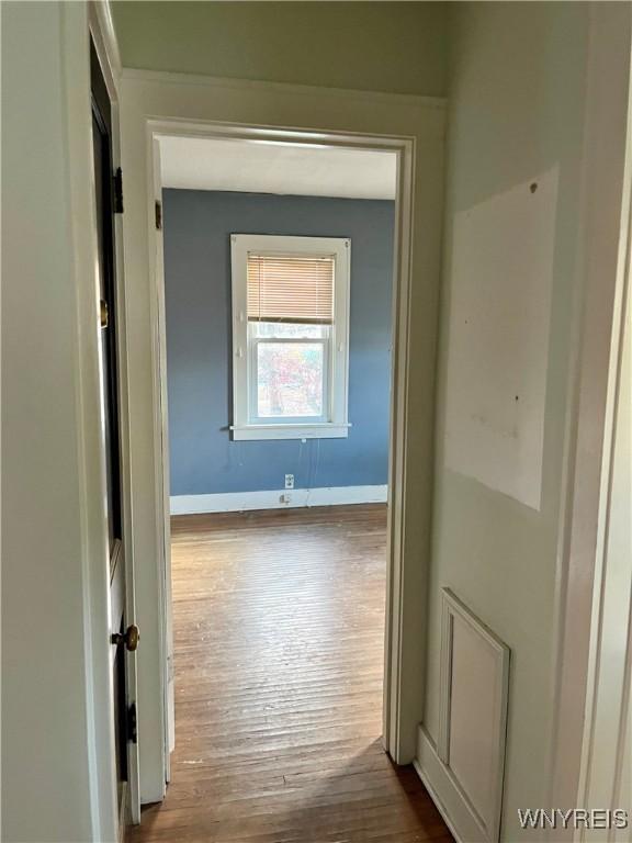corridor featuring baseboards and dark wood-type flooring
