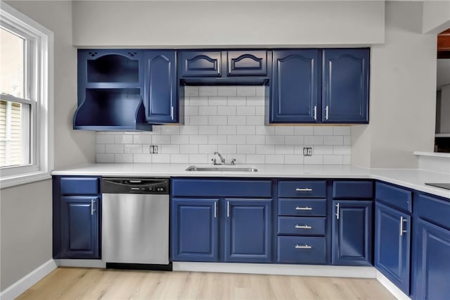kitchen with decorative backsplash, dishwasher, blue cabinets, and a sink
