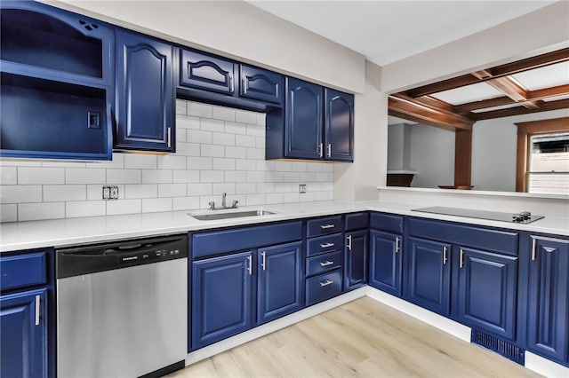 kitchen featuring a sink, light wood-type flooring, blue cabinetry, backsplash, and stainless steel dishwasher