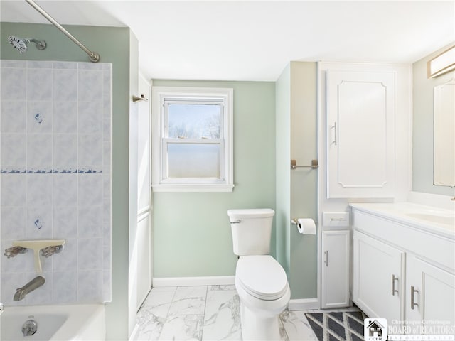 full bath with tub / shower combination, baseboards, toilet, vanity, and marble finish floor