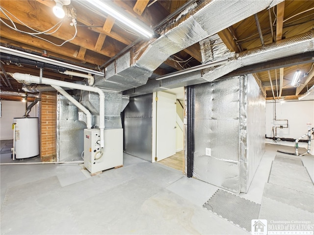 unfinished basement with water heater and heating unit