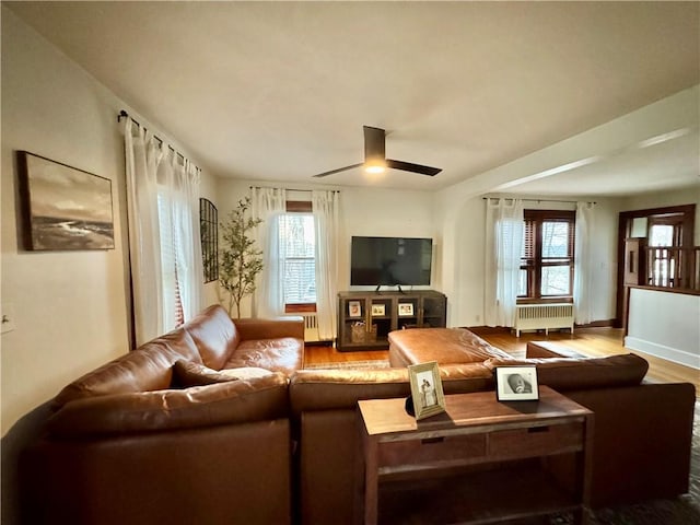 living room with radiator heating unit, wood finished floors, a ceiling fan, and plenty of natural light