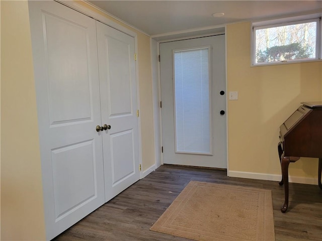 foyer with baseboards and wood finished floors
