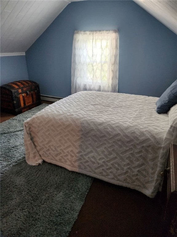 bedroom with carpet flooring, a baseboard radiator, and vaulted ceiling