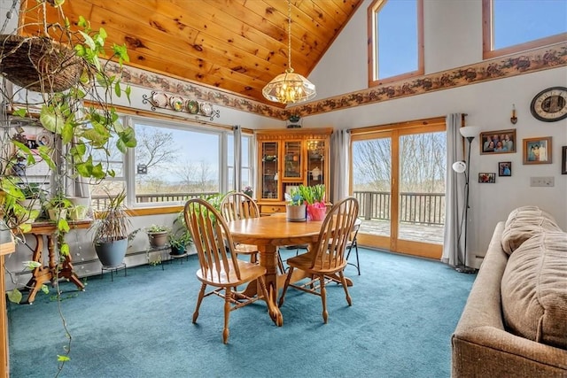 394 Nersesian Rd, Otsego, NY 13348 - carpeted dining room featuring an inviting chandelier, high vaulted ceiling, and wooden ceiling