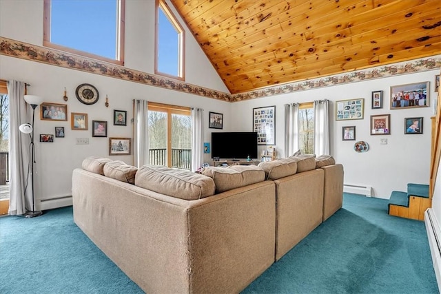 394 Nersesian Rd, Otsego, NY 13348 - carpeted living area with high vaulted ceiling, a baseboard radiator, baseboard heating, and wood ceiling