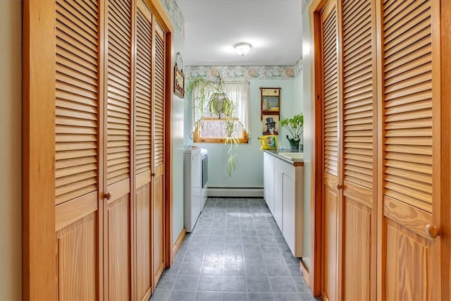 394 Nersesian Rd, Otsego, NY 13348 - hall featuring baseboards, a baseboard radiator, independent washer and dryer, and tile patterned flooring