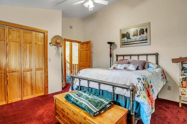 394 Nersesian Rd, Otsego, NY 13348 - bedroom featuring a ceiling fan, vaulted ceiling, access to exterior, and dark colored carpet