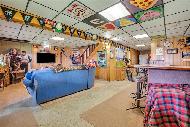 394 Nersesian Rd, Otsego, NY 13348 - living room featuring carpet, a paneled ceiling, stairway, and a dry bar