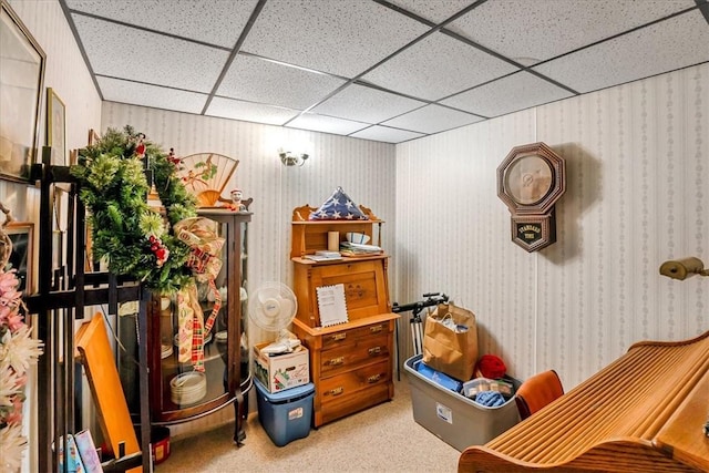 394 Nersesian Rd, Otsego, NY 13348 - interior space featuring carpet flooring, a paneled ceiling, and wallpapered walls