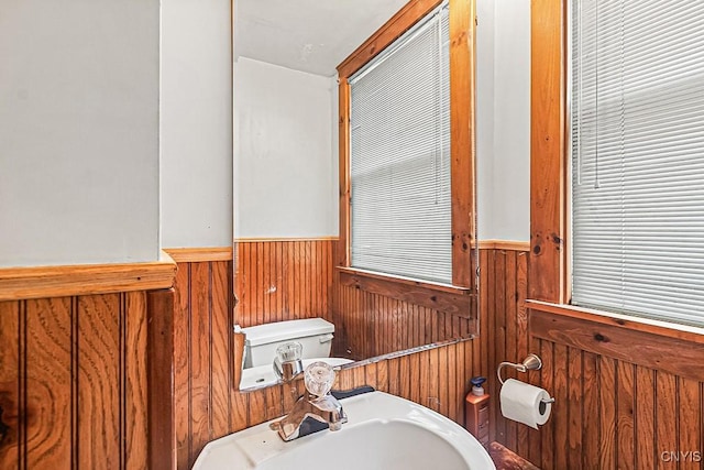 bathroom featuring a wainscoted wall, wooden walls, and a sink