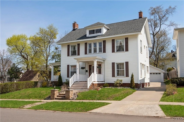 117 Proctor Blvd, Utica, NY 13501 - view of front facade with a chimney, a detached garage, a front lawn, and an outbuilding