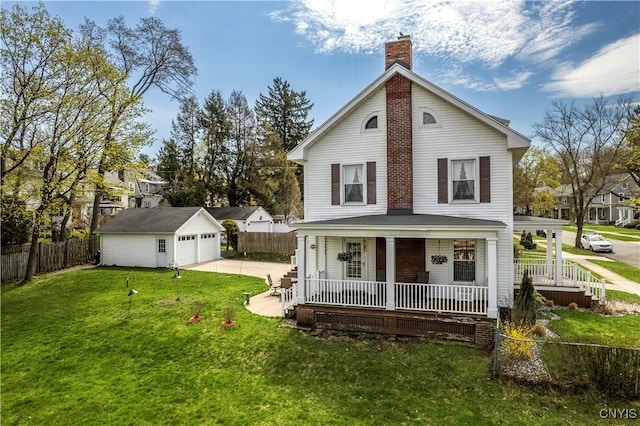 117 Proctor Blvd, Utica, NY 13501 - rear view of house featuring a chimney, covered porch, an outbuilding, a detached garage, and a lawn