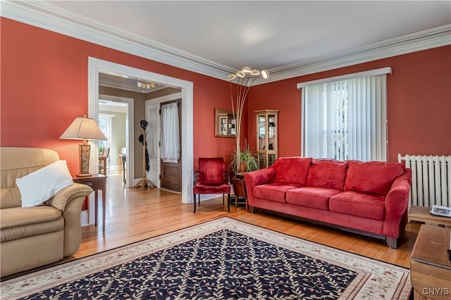 117 Proctor Blvd, Utica, NY 13501 - living room featuring baseboards, radiator heating unit, wood finished floors, and crown molding