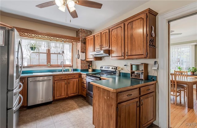 117 Proctor Blvd, Utica, NY 13501 - kitchen with brown cabinetry, under cabinet range hood, appliances with stainless steel finishes, ceiling fan, and a peninsula