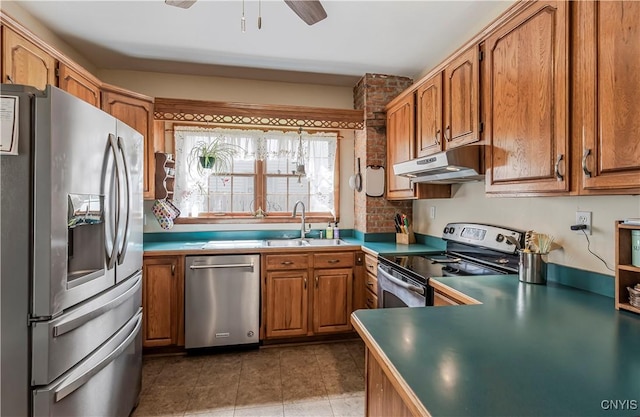 117 Proctor Blvd, Utica, NY 13501 - kitchen with a sink, brown cabinets, stainless steel appliances, under cabinet range hood, and ceiling fan