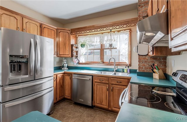 117 Proctor Blvd, Utica, NY 13501 - kitchen with brown cabinets, stainless steel appliances, under cabinet range hood, and a sink