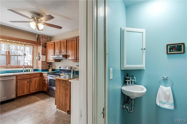 117 Proctor Blvd, Utica, NY 13501 - kitchen with a sink, ceiling fan, appliances with stainless steel finishes, and under cabinet range hood