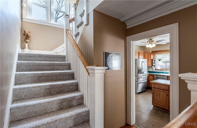 117 Proctor Blvd, Utica, NY 13501 - staircase with ceiling fan and ornamental molding