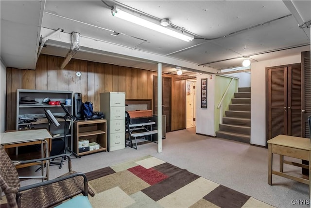 117 Proctor Blvd, Utica, NY 13501 - finished basement with stairway, wooden walls, and carpet flooring