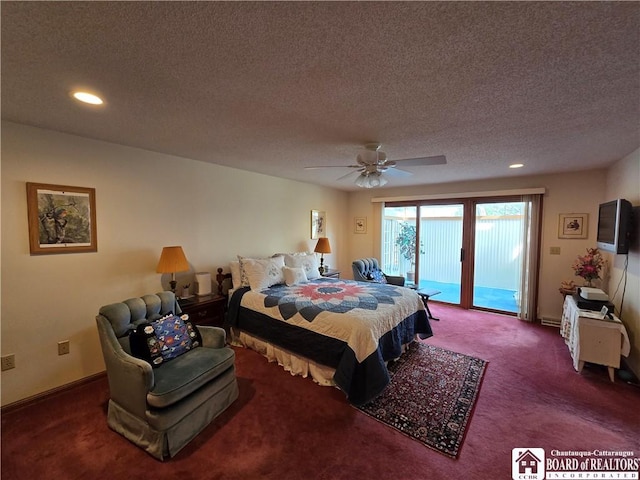 carpeted bedroom featuring recessed lighting, access to exterior, a ceiling fan, and a textured ceiling