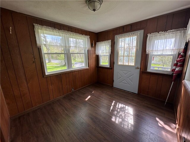 48 King St, Mentz, NY 13140 - unfurnished dining area with healthy amount of natural light, dark wood-type flooring, wooden walls, and baseboards