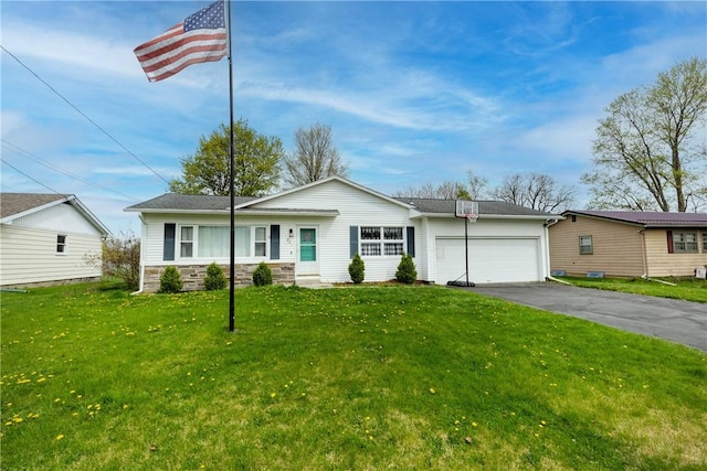 view of front of property with stone siding, aphalt driveway, a front lawn, and a garage