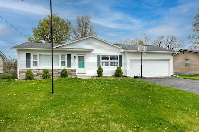 ranch-style home with stone siding, aphalt driveway, a front lawn, and a garage