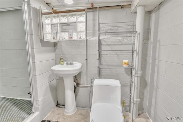 bathroom featuring toilet, a stall shower, and a sink