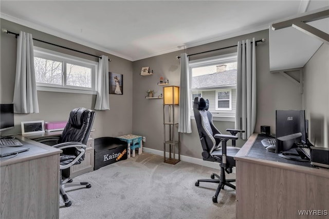 home office featuring crown molding, baseboards, carpet, and a healthy amount of sunlight