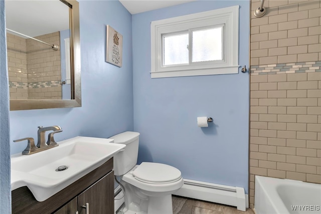 full bath featuring toilet, bathtub / shower combination, vanity, and a baseboard radiator