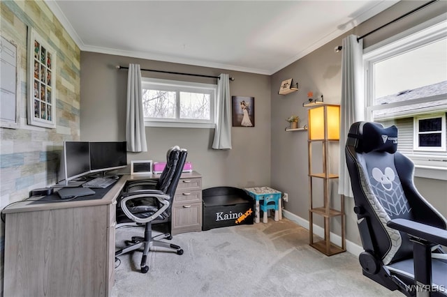 carpeted office with baseboards and ornamental molding