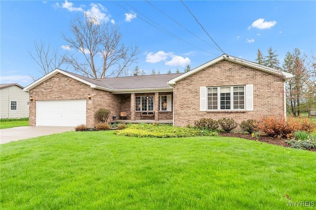 single story home featuring concrete driveway, brick siding, an attached garage, a porch, and a front lawn