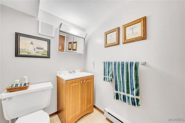 bathroom with visible vents, baseboard heating, baseboards, toilet, and vanity