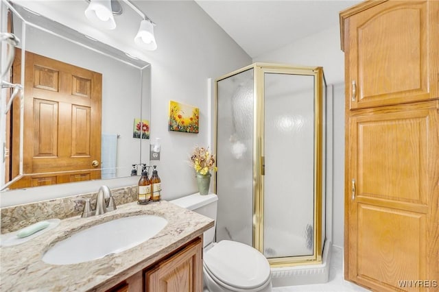 bathroom featuring toilet, a stall shower, and vanity
