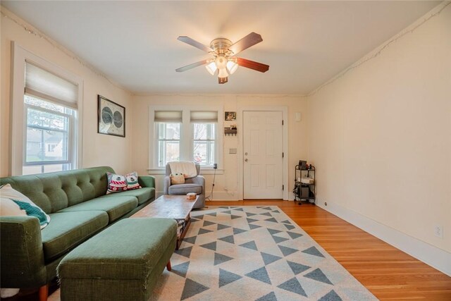 72 Whiteford Rd, Rochester, NY 14620 - living room with a healthy amount of sunlight, a ceiling fan, light wood finished floors, and baseboards