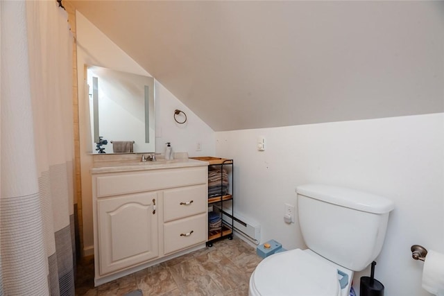 72 Whiteford Rd, Rochester, NY 14620 - bathroom featuring a shower with curtain, a baseboard radiator, toilet, vaulted ceiling, and vanity