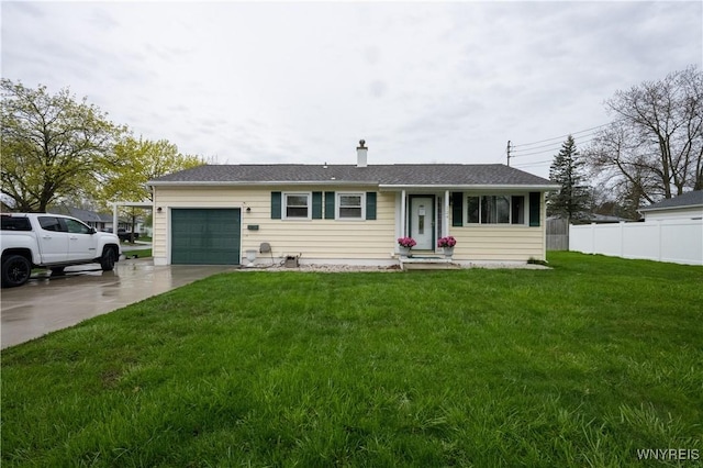 single story home with fence, concrete driveway, a front lawn, and a garage
